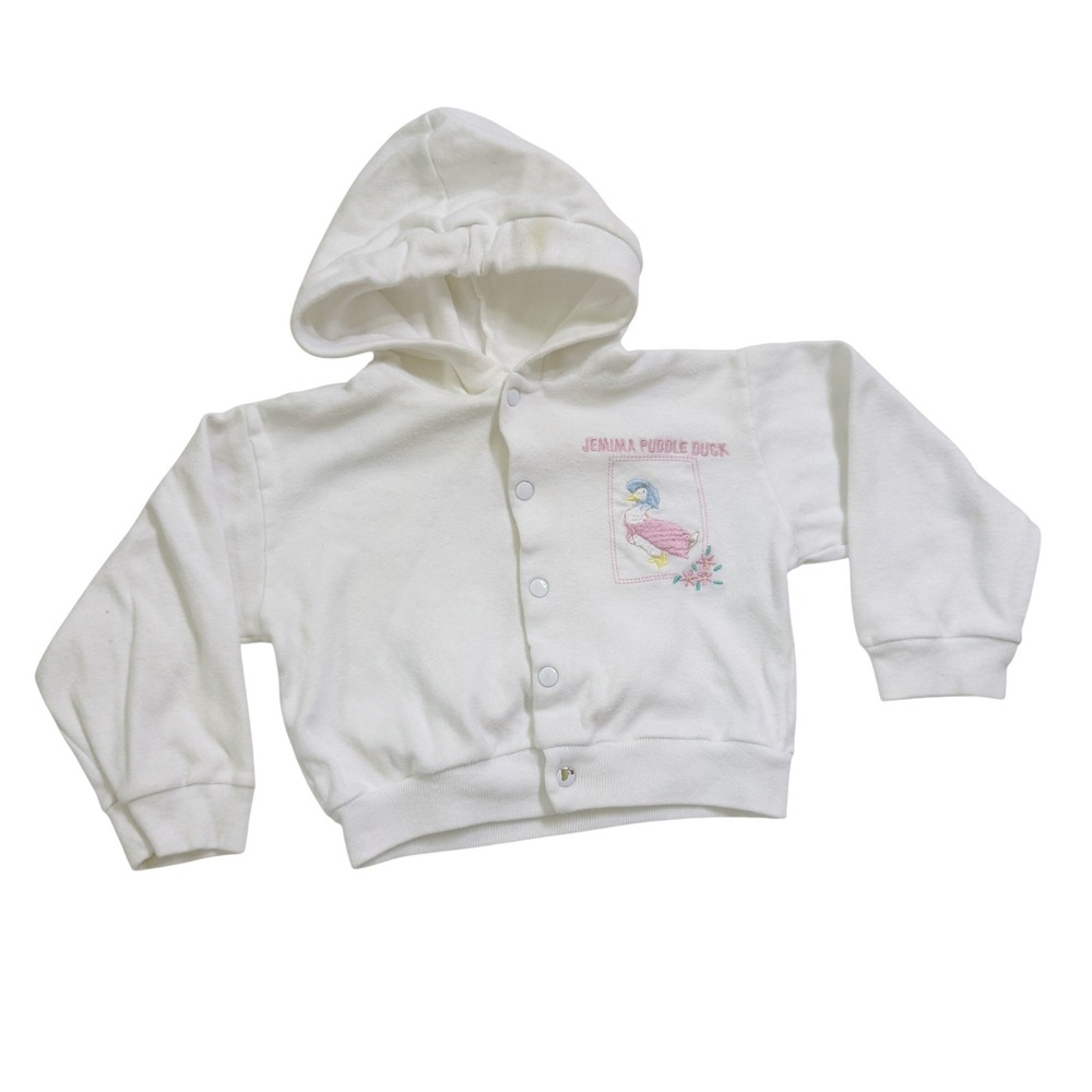 VTG 90s Beatrix Potter Quiltex Snap Hoodie 12M Jemima Puddle Duck White Cardigan